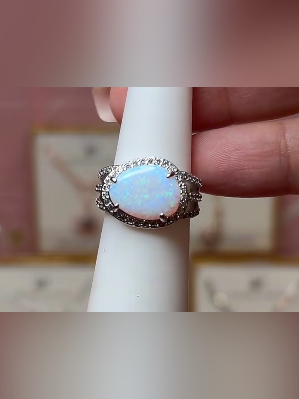 Bomb Party hematite and Opal Halo Ring size 6